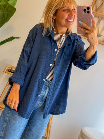 Chemise JEANNE gaze de coton bleu marine