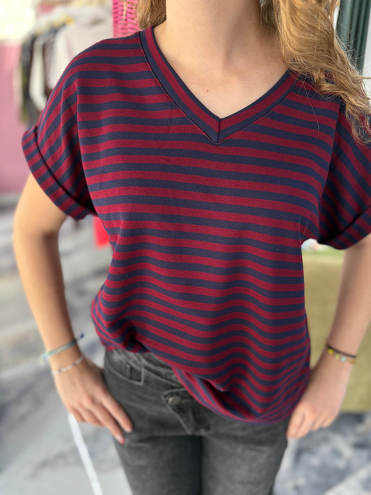 T-shirt MARINETTE bleu marine/bordeaux Col V