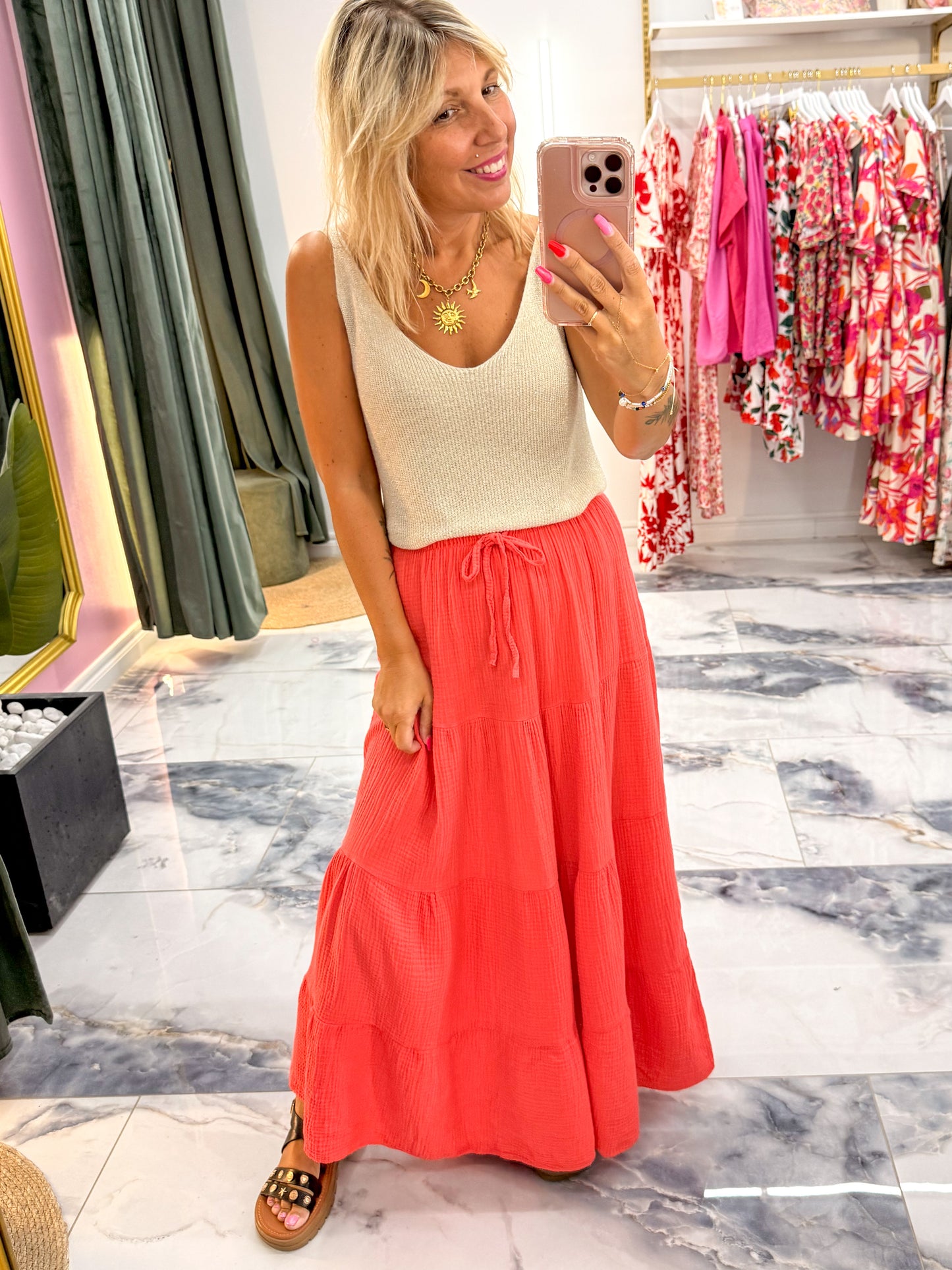 Jupe GARANCE gaze de coton corail