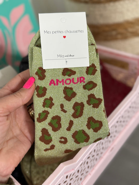 Chaussettes pailletées AMOUR vert léopard