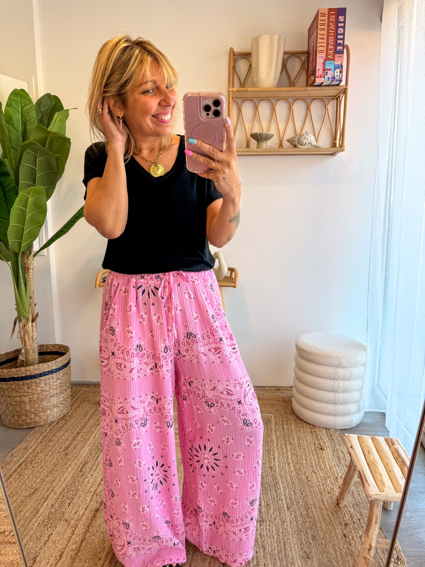 Pantalon BANDANA gaze de coton rose