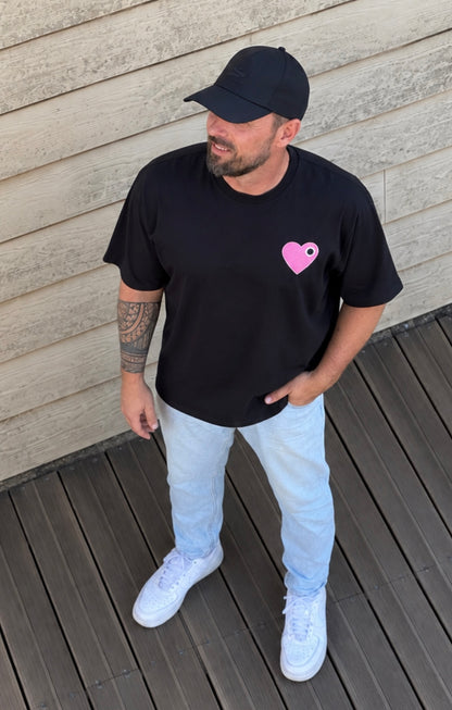 T shirt homme CŒUR noir / cœur brodé rose