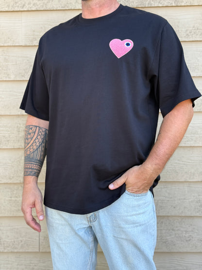 T shirt homme CŒUR noir / cœur brodé rose