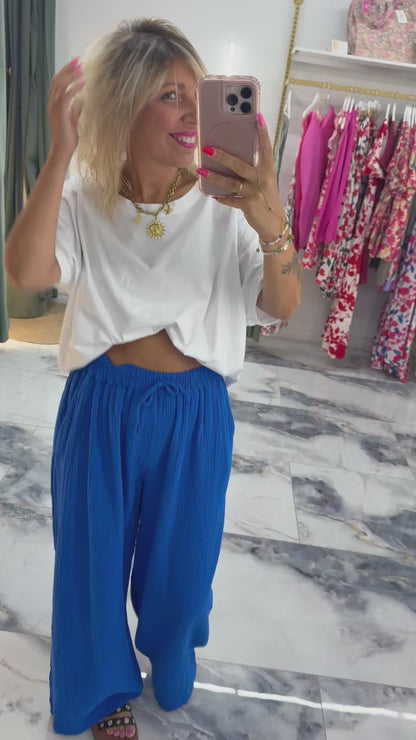 Pantalon JEANNETTE gaze de coton bleu royale