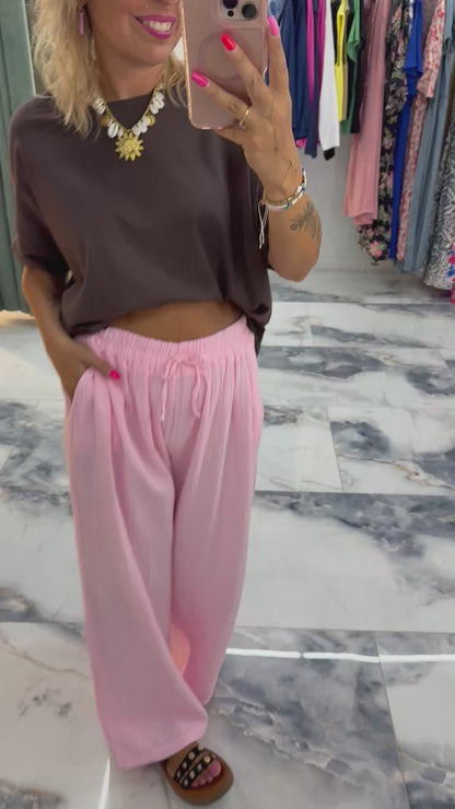 Pantalon JEANNETTE gaze de coton rose